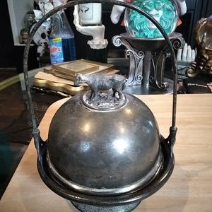 Antique Victorian Silverplate Cow Butter Dish Finial Meriden Metal Round 3 Pc B8